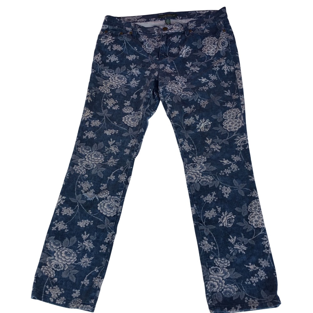 Lauren Ralph Lauren Floral Print Jeans Blue Grey Straight Leg Stretch Denim 10‎